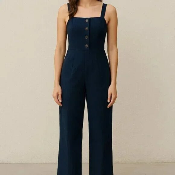 STAUD Boats At The Dock Deep Ocean Blue Buttoned Jumpsuit - Picture 1 of 15